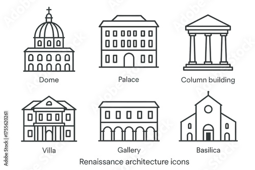 Renaissance architecture icons: dome, palace, column building, villa, gallery, basilica