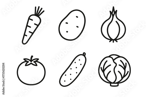 Outline icons of vegetables: carrot, potato, onion, tomato, cucumber, cabbage