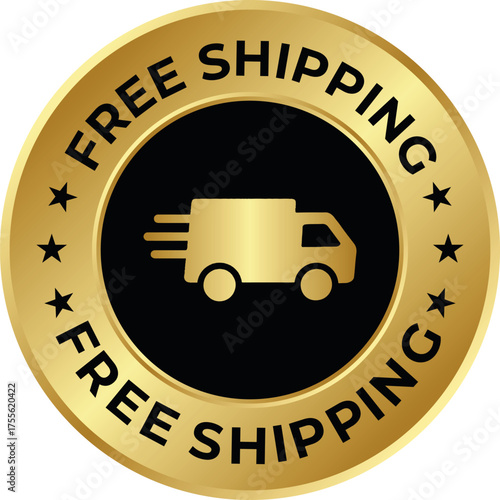 Free shipping badge golden seal with truck icon vector promotional design for online retail