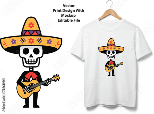 Día de los muertos skeleton musician wearing sombrero vector illustration vector