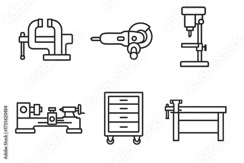 Essential workshop tools: lathe, clamp, drill press, workbench, grinder, cabinet