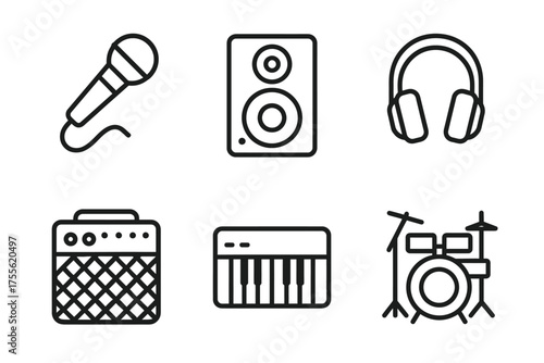 Music equipment icons: microphone, speaker, headphones, amplifier, keyboard, drums