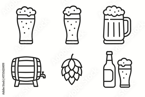 Variety of beer icons featuring glasses, mug, keg, hop, and bottle outlines