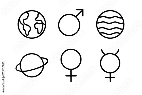 Geometric space symbols: planets, gender signs, earth, mars, venus, saturn, mercury icons