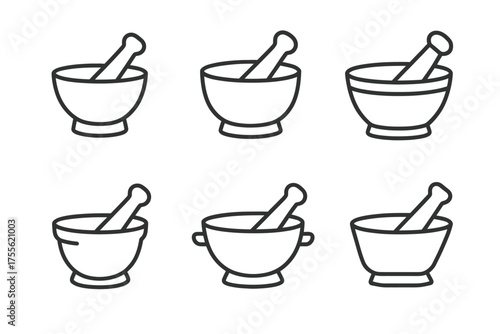 Set of six line art mortar and pestle illustrations in black and white