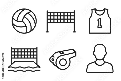 Volleyball icons: ball, net, jersey, whistle, court, player silhouette