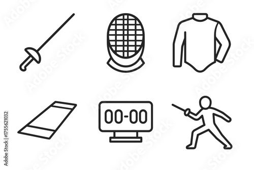 Fencing equipment icons: sword, helmet, jacket, mat, scoreboard, fencer