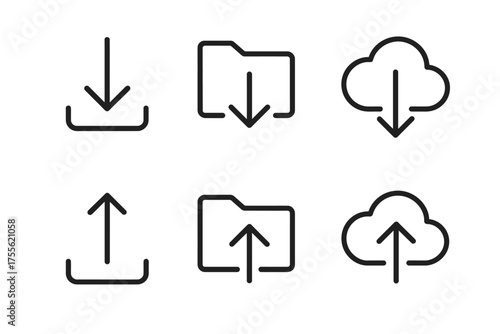 Download and upload icons: cloud, folder, and arrows in minimalist style
