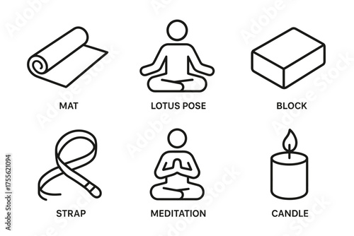 Yoga essentials: mat, lotus pose, block, strap, meditation, candle icons