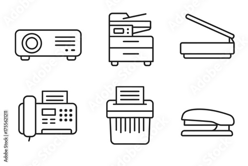 Office equipment icons: projector, copier, scanner, fax, shredder, stapler
