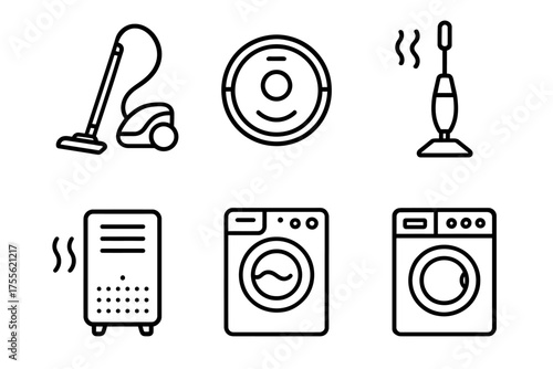 Home appliances icons: vacuum, robot, dehumidifier, washer, dryer