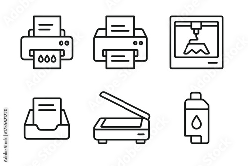 Office devices: printer, scanner, 3d printer, ink bottle icons
