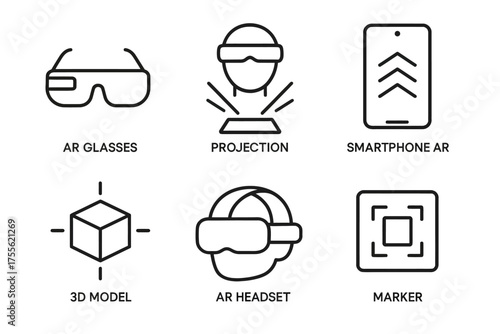 Ar technology icons: glasses, projection, smartphone, 3d model, headset, marker