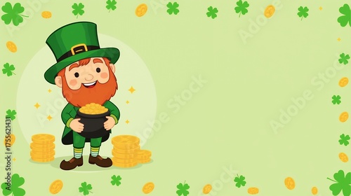 Cute Cartoon Leprechaun Holds a Pot of Gold Surrounded by Coins