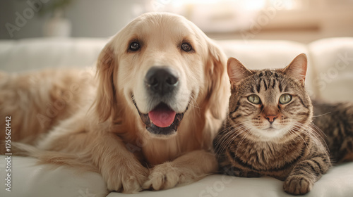 Wallpaper Mural Friendly pets golden retriever and tabby cat cozy living room heartwarming photo warm lighting close-up view animal companionship Torontodigital.ca