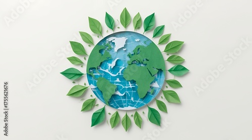 Realistic Paper Cut Style Illustration of Earth Surrounded by Leaves