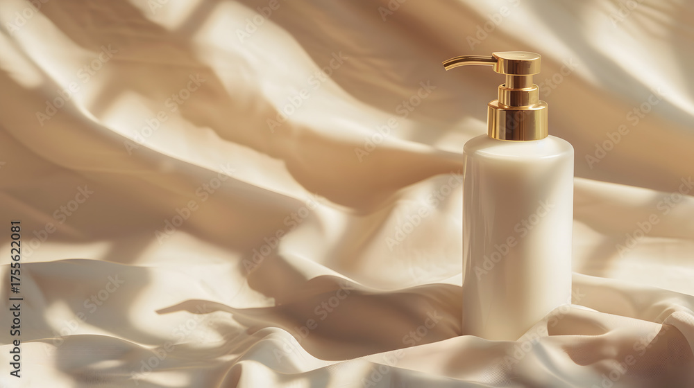 Naklejka premium White Lotion Pump Bottle on Golden Satin Fabric Background