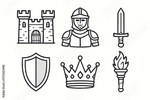 Medieval symbols - castle, knight, sword, shield, crown and torch icons