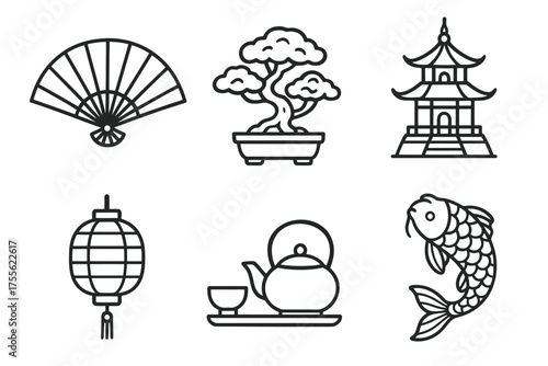 Traditional asian symbols: fan, bonsai, pagoda, lantern, teapot, koi fish