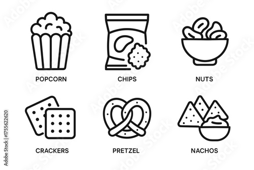 Popcorn, chips, nuts, crackers, pretzel, nachos: snack icons set