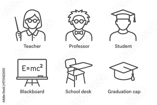 Education icons: teacher, professor, student, blackboard, school desk, graduation cap