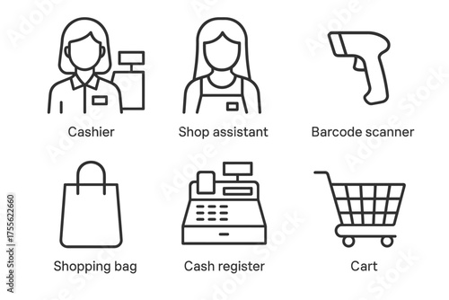 Retail icons featuring cashier, shop assistant, barcode scanner, shopping bag, cash register, cart