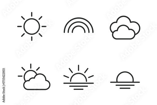 Minimalist weather icons: sun, rainbow, cloud variations in simple line art