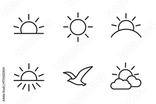 Minimalist sunrise, sunset, and sun icon set with bird silhouette