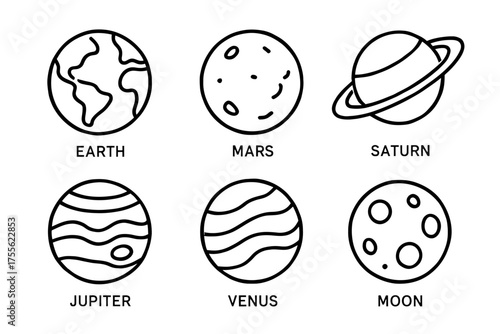 Outline illustrations of planets and moon: earth, mars, saturn, jupiter, venus