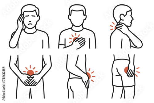 Illustration of male discomfort: headache, chest, neck, groin, back