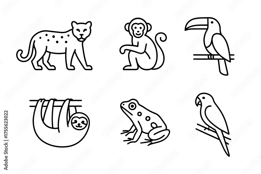 Fototapeta premium Set of simple jungle animal icons: jaguar, monkey, toucan, sloth, frog, parrot