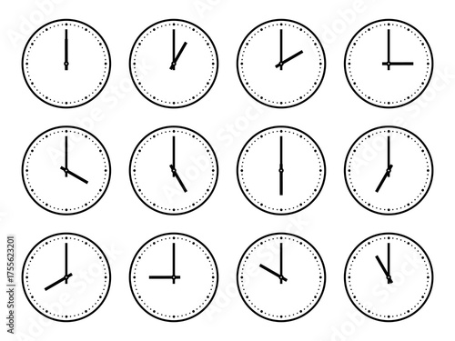 On the hour clocks set. Round analog minimal clock with tick marks. Clock face with indices only. 1, 2, 3, 4, 5, 6, 7, 8, 9, 10, 11, 12, 13, 14, 15, 16, 17, 18, 19, 20, 21, 22, 23, 24 o'clock.