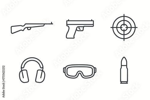 Shooting equipment icons set: rifle, handgun, target, ear protection, goggles, bullet