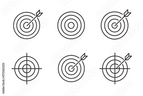 Set of six target and bullseye icons with arrows in minimalist black and white design