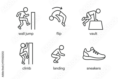 Stick figure parkour and sneaker illustration with various movements
