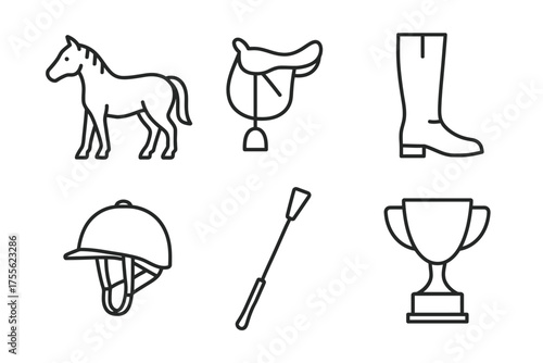 Outline icons of horse, saddle, riding boot, helmet, whip, and trophy
