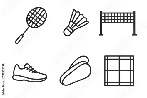 Badminton equipment icons: racquet, shuttlecock, net, shoe, bag, court
