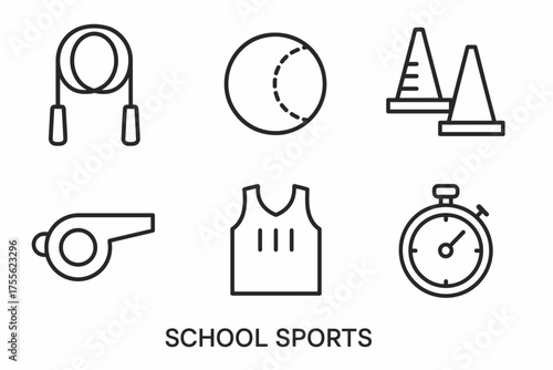 School sports equipment icons: jump rope, ball, cones, whistle, jersey, stopwatch
