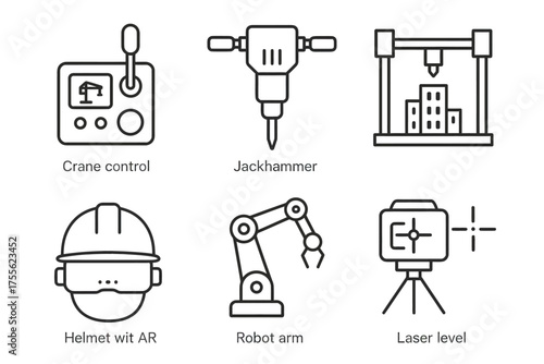 Construction technology icons: crane control, jackhammer, 3d printer, ar helmet, robot arm, laser level