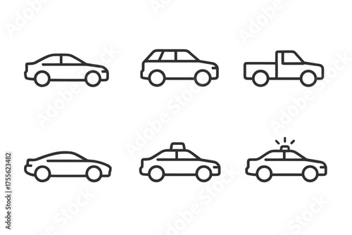 Set of six simple car icons including sedan, suv, pickup, coupe, taxi, police car