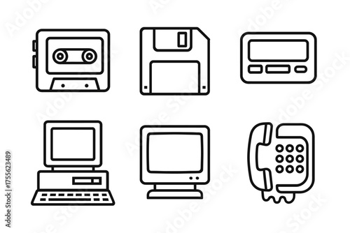 Retro technology icons: cassette, floppy, pager, computer, monitor, telephone