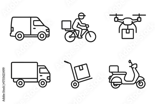 Delivery transportation icons: van, bicycle, drone, truck, cart, scooter