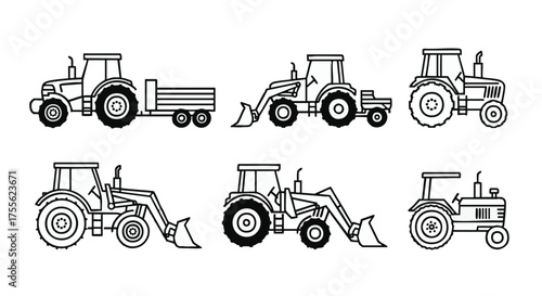 Collection of Line Art Tractors Diverse Designs for Agriculture and Farming Projects