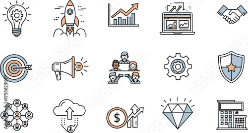 Business icon set, startup growth, innovation, teamwork, cloud computing, financial success, digital marketing, strategy symbols, vector illustration, corporate design