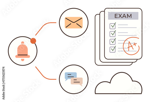 Bell icon for alerts, email icon, and messaging bubbles connected to an exam results sheet with A grade, hinting at updates or achievements. Ideal for education, communication, notifications, online