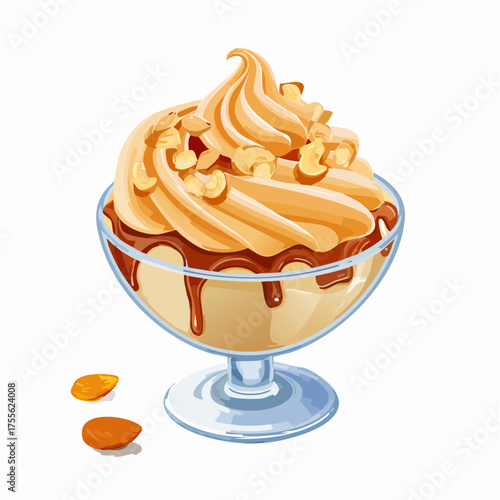 Delectable Dessert Delight: An enticing swirl of ice cream, adorned with drizzled chocolate sauce and crunchy nuts, is artfully presented in an elegant glass.