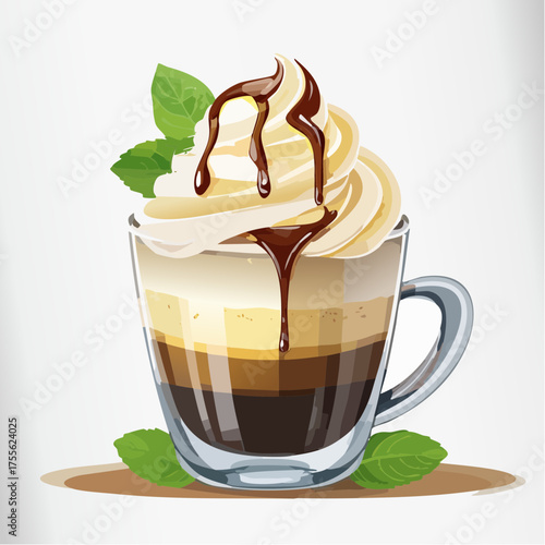 Mint Chocolate Dream: A delectable coffee drink, showcasing layers of rich espresso, creamy foam, and decadent chocolate drizzle, adorned with fresh mint leaves, an inviting refreshment.
