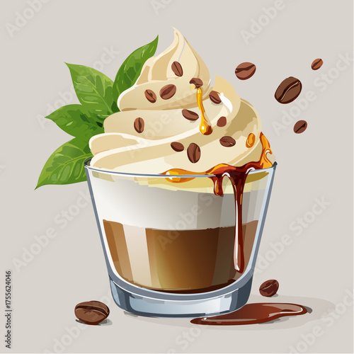 Delicious Coffee Delight: An artful illustration showcases a decadent coffee creation, featuring layers of espresso, whipped cream, and caramel. Garnished with coffee beans and green leaves.