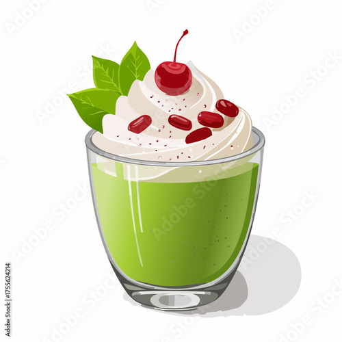 Exquisite Matcha Delight: A refreshing matcha dessert with a swirl of whipped cream, sweet red beans, and a cherry on top, offering a visual treat and a promise of delightful flavors.