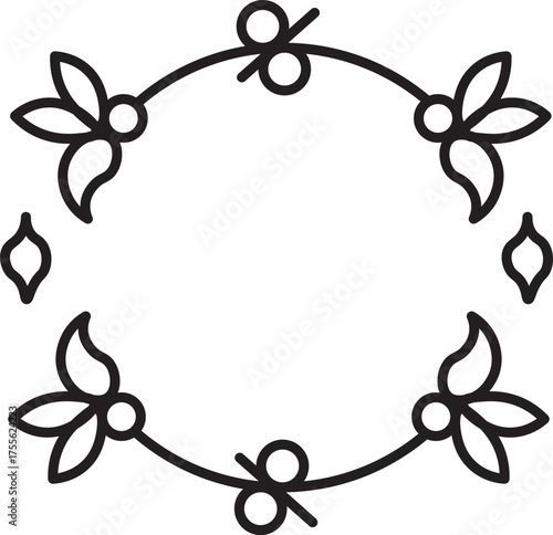 Circular floral frame with symmetrical leaf and berry design, elegant black outline, suitable for invitations, greeting cards, decorative borders, and festive or seasonal themes